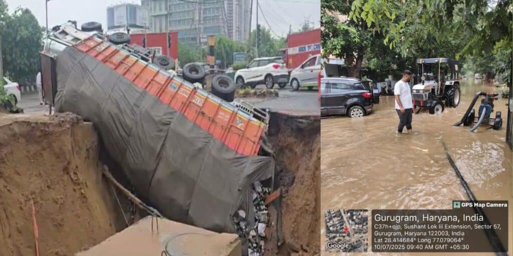 India’s Gurugram hit by flash flooding; Road caves in, truck overturns